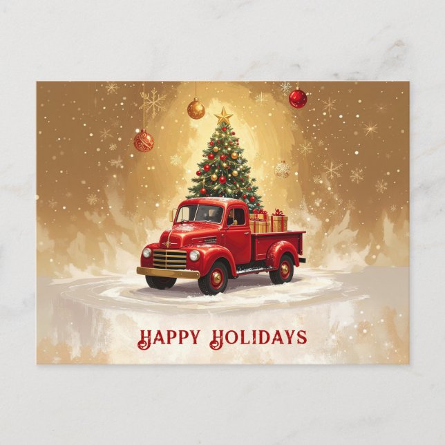Cartão Postal Caminhão Vermelho Antigo com Árvore de Natal e Pre (Frente)