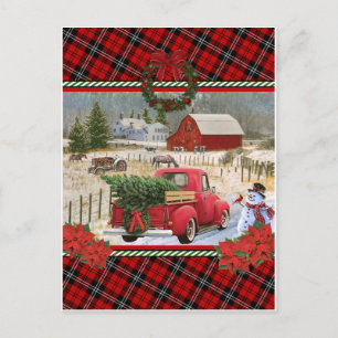 Cartão Postal caminhão vermelho de natal na pintura de fazenda