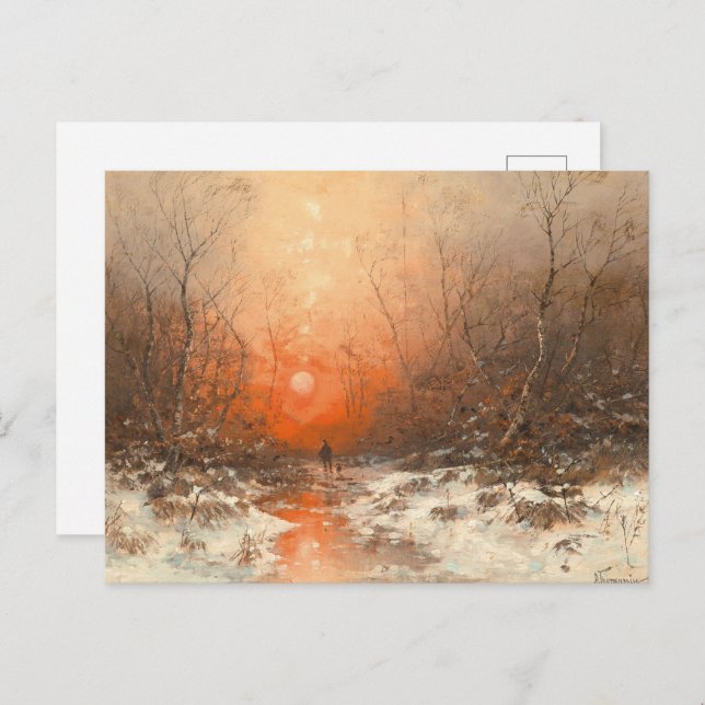Cartão Postal Caminho da Floresta com Caçador no Sunset (Frente/Verso)