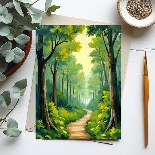 Cartão Postal Caminho da Floresta Verde Pintura em Aquarela da