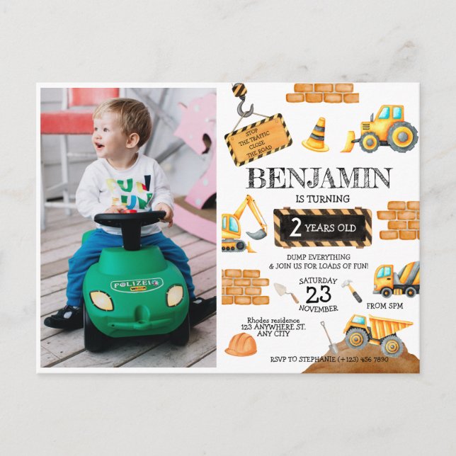 Cartão Postal Caminhões de Construção e Escavadeiras Festa de 1º (Frente)