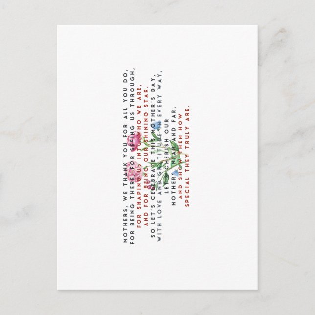 Cartão Postal Camisa do poema do dia das mães e flores (Frente)