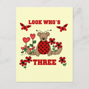 Cartão Postal Camisetas de aniversário de 3 anos do Bear Ladybug