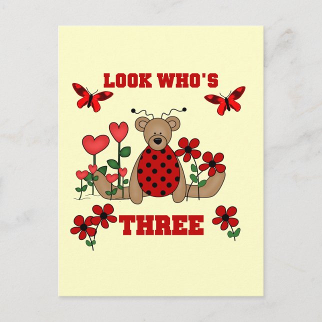 Cartão Postal Camisetas de aniversário de 3 anos do Bear Ladybug (Frente)