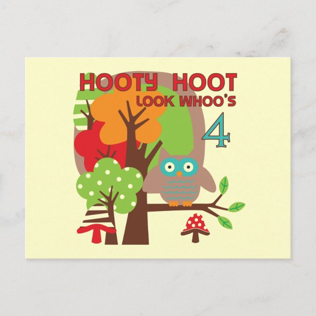 Cartão Postal Camisetas e presentes de 4º aniversário da coruja (Frente)