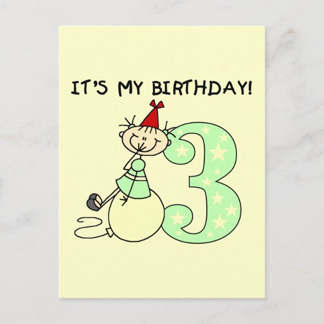 Cartão Postal Camisetas e presentes de aniversário de 3 anos de  (Frente)