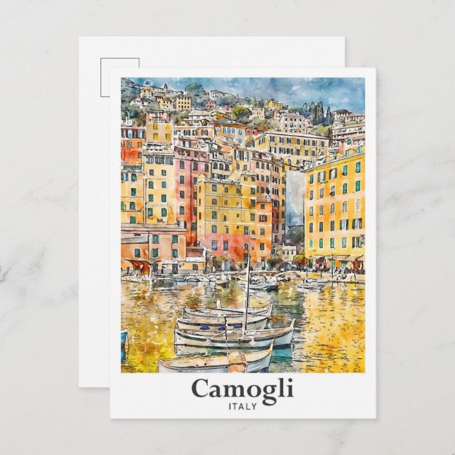 Cartão Postal Camogli Itália Viagem Watercolor (Frente/Verso)