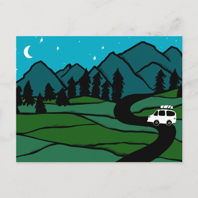 Cartão Postal Campervan Montanhas Vanlife RV Lua Estrelas (Frente)