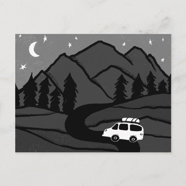 Cartão Postal Campervan Mounts Vanlife RV Moon B&W (Frente)