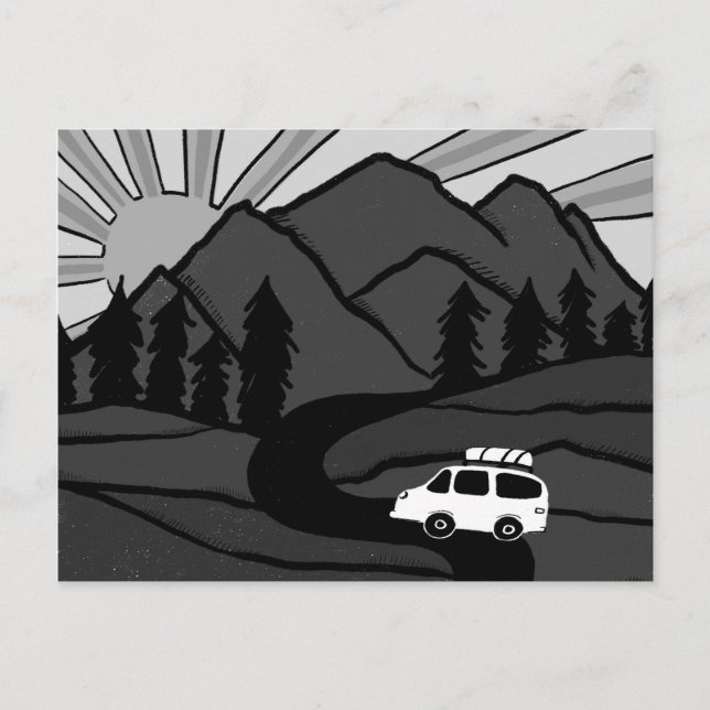 Cartão Postal Campervan Mounts Vanlife RV Sunrise B&W (Frente)
