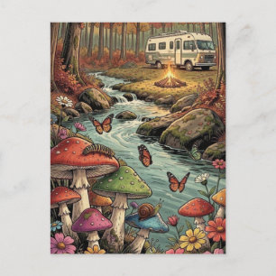 Cartão Postal Camping Retrô, Cogumelos, Riacho e Flores