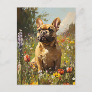 Cartão Postal Campo de Flor Selvagem Colorido do Bulldog Francês