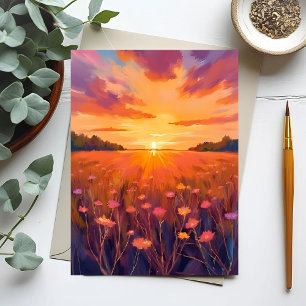 Cartão Postal Campo de Flores Aquarela Pôr do Sol Hora Dourada