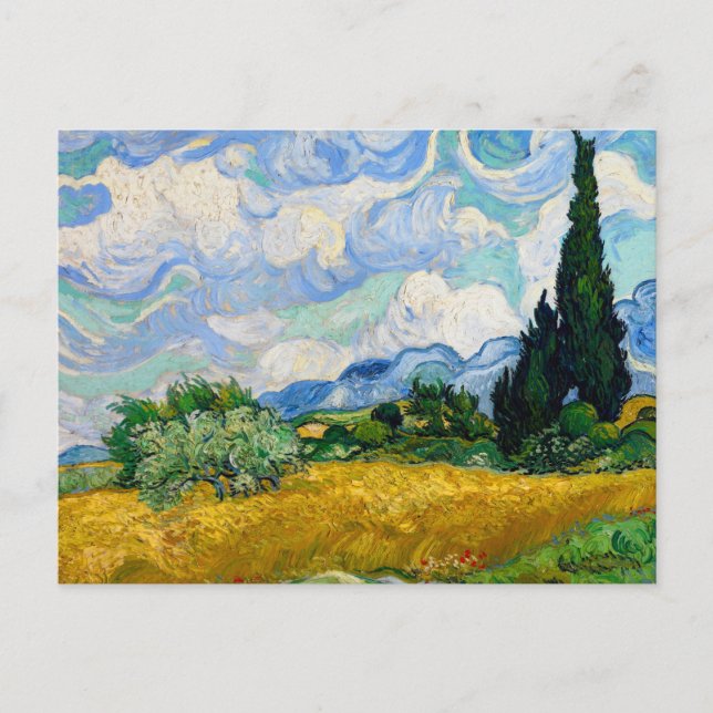 Cartão Postal Campo de trigo com ciprestes por Vincent Van Gogh (Frente)