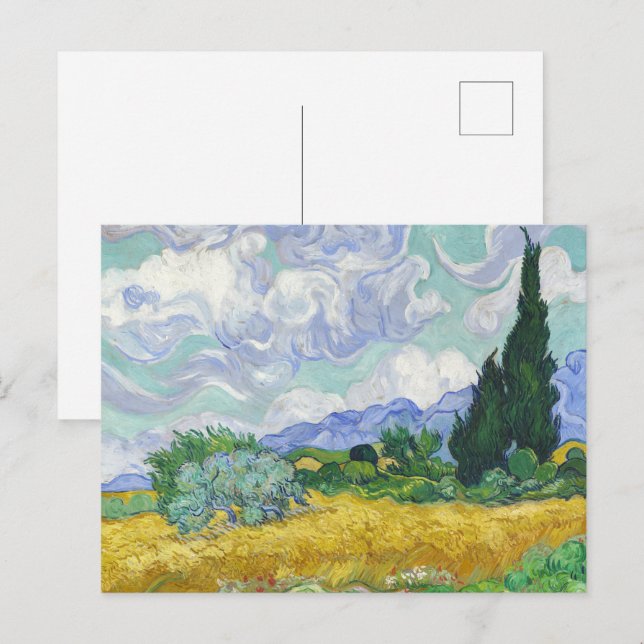 Cartão Postal Campo de trigo com ciprestes por Vincent van Gogh (Frente/Verso)