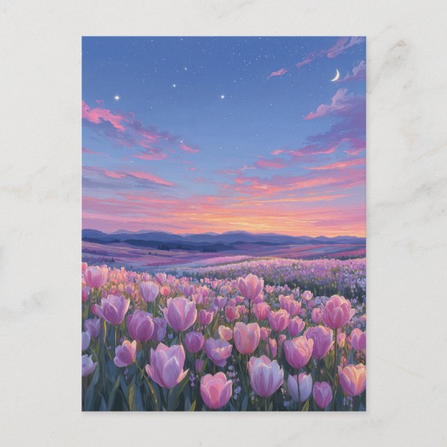 Cartão Postal Campo de Tulipas Rosa sob a Lua Crescente Estrelad (Frente)
