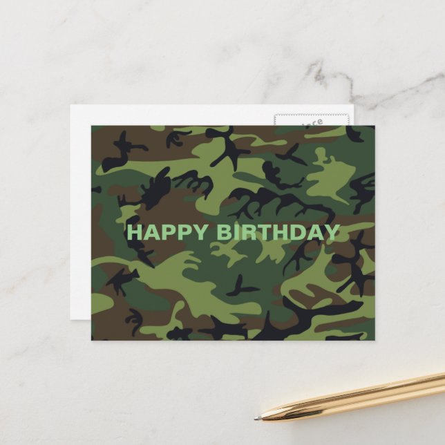 Cartão Postal Camuflagem Verde Militar Feliz Aniversário (Frente/Verso In Situ)