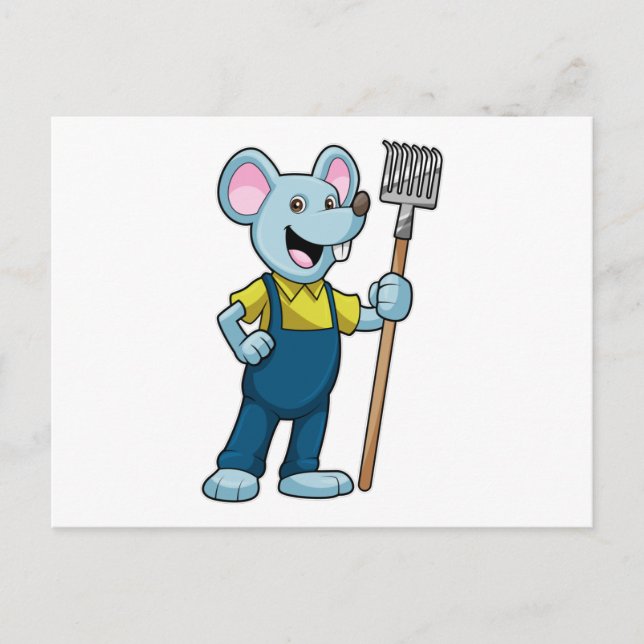 Cartão Postal Camundongo como Fazendeiro com Ancinho (Frente)