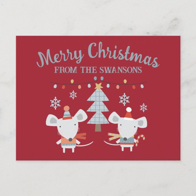 Cartão Postal Camundongos e árvores de Natal bonitos em Vermelho (Frente)