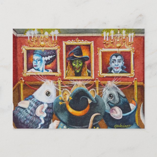 Cartão Postal Camundongos Halloween Visitam Arte Museu Aquarela (Frente)