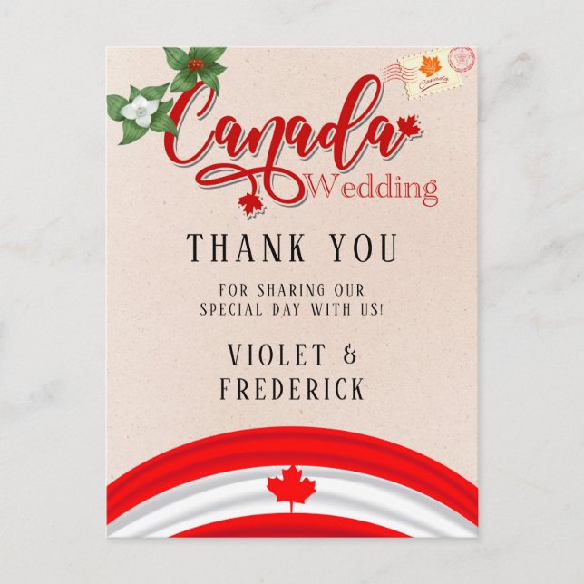 Cartão Postal Canadá Bandeira e Florais Casamento Obrigado (Frente)