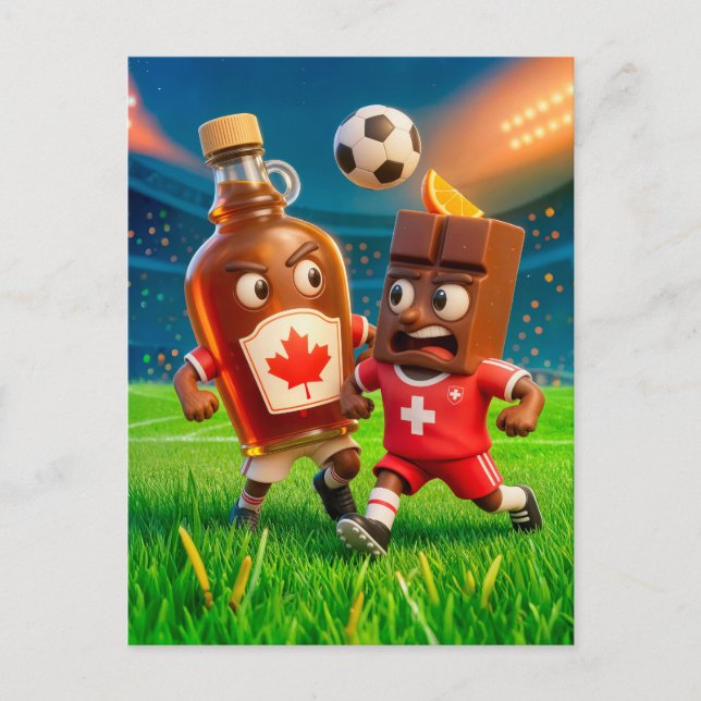 Cartão Postal Canadian maple syrup versus Swiss chocolate soccer (Frente)
