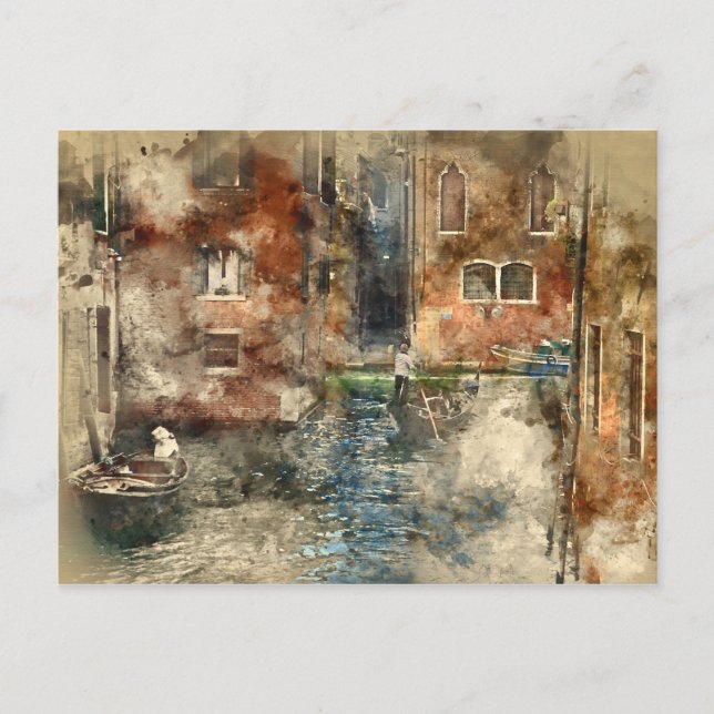 Cartão Postal Canais de Veneza Itália Watercolor (Frente)