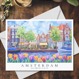 Cartão Postal Canal de Amsterdã e Tulipas Viagem de Aquarela