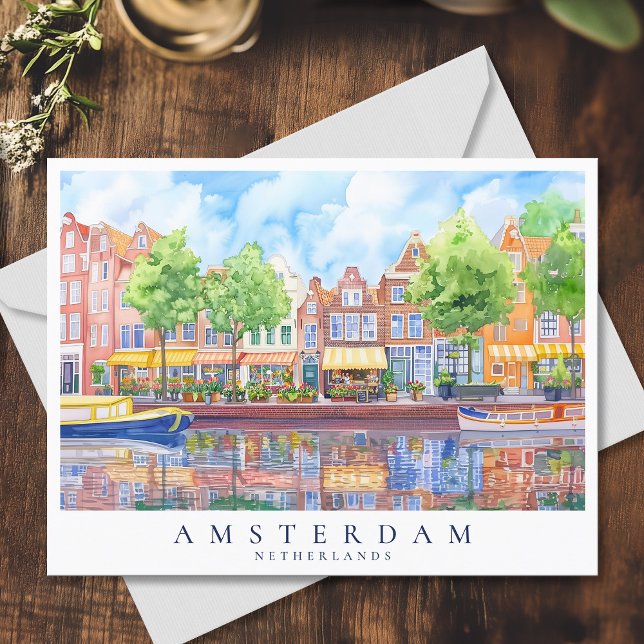 Cartão Postal Canal de Amsterdã e Viagem de Aquarela de Barcos (Amsterdam Canal & Boats Watercolor Travel Postcard)