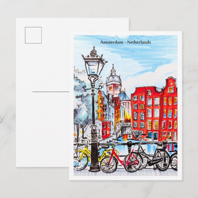 Cartão Postal Canal de Amsterdã Holanda Esboço (Frente/Verso)