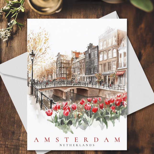 Cartão Postal Canal de Amsterdã Tulipas Aquarela Viagem (Amsterdam Canal Red Tulips Watercolor Travel Postcard)