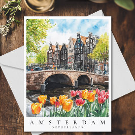 Cartão Postal Canal de Amsterdã Tulipas em Primavera Watercolor 