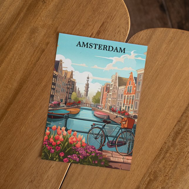 Cartão Postal Canal de Amsterdam Holland (amsterdam netherlands retro travel postcard)