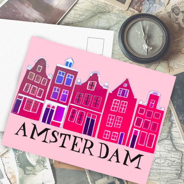 Cartão Postal Canal de Amsterdam Holland Casas Viagem Europa (Cute Amsterdam canal houses custom pink postcard)