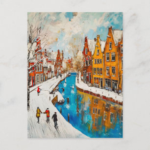 Cartão Postal Canal de Inverno com Ruas Nevadas e Casa Colorida