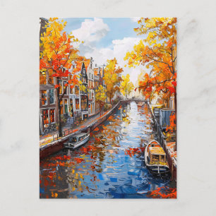 Cartão Postal Canal de Outono com Barcos e Casas Coloridas Pintu