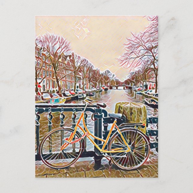 Cartão Postal Canal e bicicleta em Amsterdã (Frente)