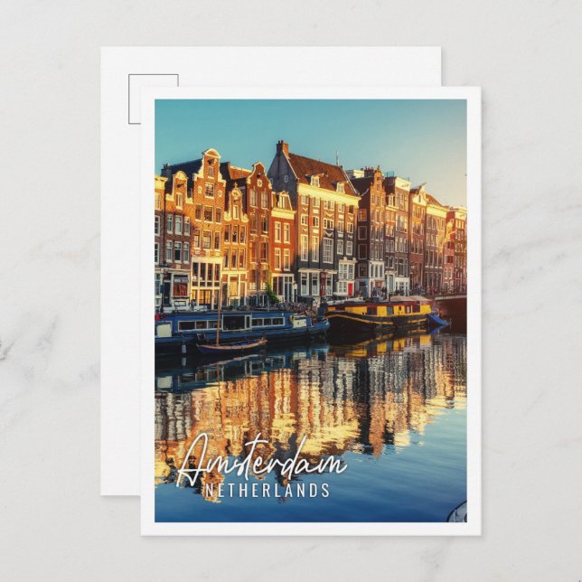 Cartão Postal Canal no pôr do sol Amesterdã Países Baixos (Frente/Verso)
