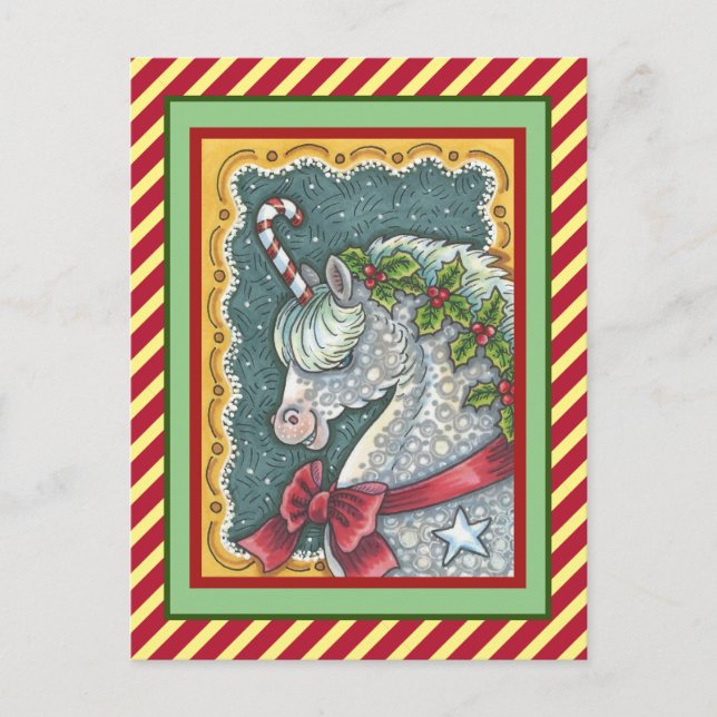 CARTÃO POSTAL CANDY CANE CHRISTMAS UNICORN, HOLIDAY PONY FANTASY (Frente)