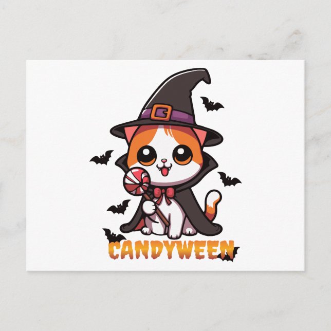 Cartão Postal candyween - bruxa-gato halloween (Frente)