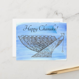 Cartão Postal Caneta ornamentado e tinta Chanukah Menorah azul