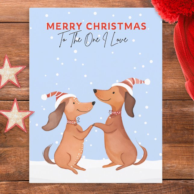 Cartão Postal Caninos De Salsicha Um Eu Adoro Feliz Natal (A cute postcard featuring two dachshunds in snow. 'Merry Christmas' and 'To The One I Love' words)