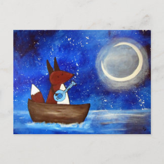 Cartão Postal Cantando Whimsical Fox Art Boat Blue Kids Cute