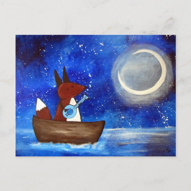 Cartão Postal Cantando Whimsical Fox Art Boat Blue Kids Cute (Frente)