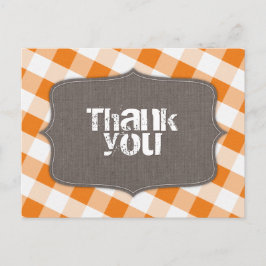 Cartão Postal Canvas de Gingham Laranja e Branco Obrigado Cartõe