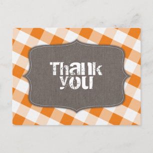 Cartão Postal Canvas de Gingham Laranja e Branco Obrigado Cartõe