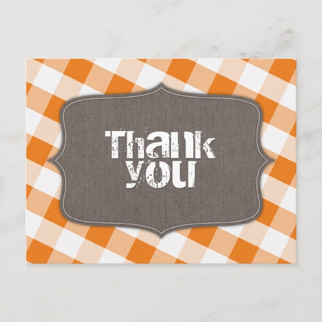 Cartão Postal Canvas de Gingham Laranja e Branco Obrigado Cartõe (Frente)