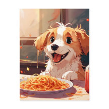 Cão comendo espaguete
