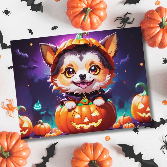 Cartão Postal Cão de Halloween do Estilo de Anime Chibi (Criador carregado)