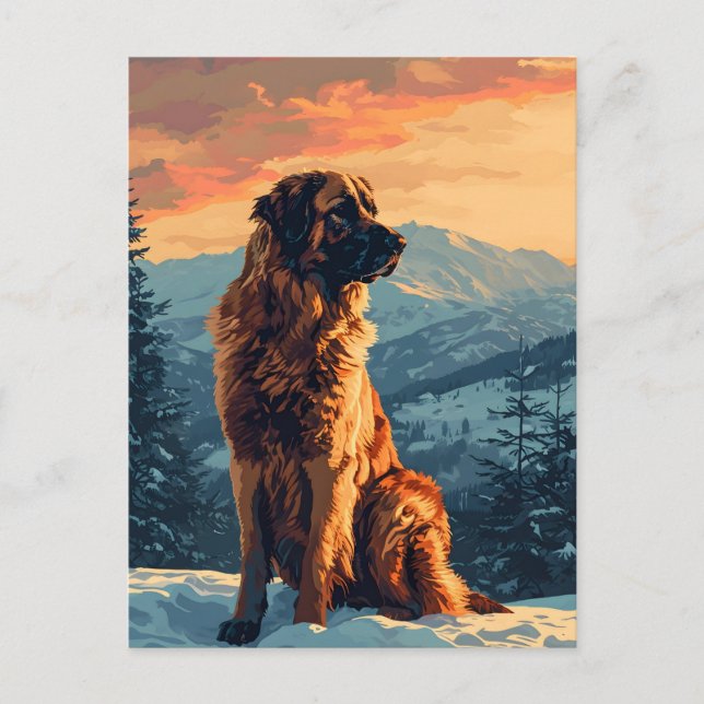 Cartão Postal Cão de Leonberger na floresta nevada durante o pôr (Frente)